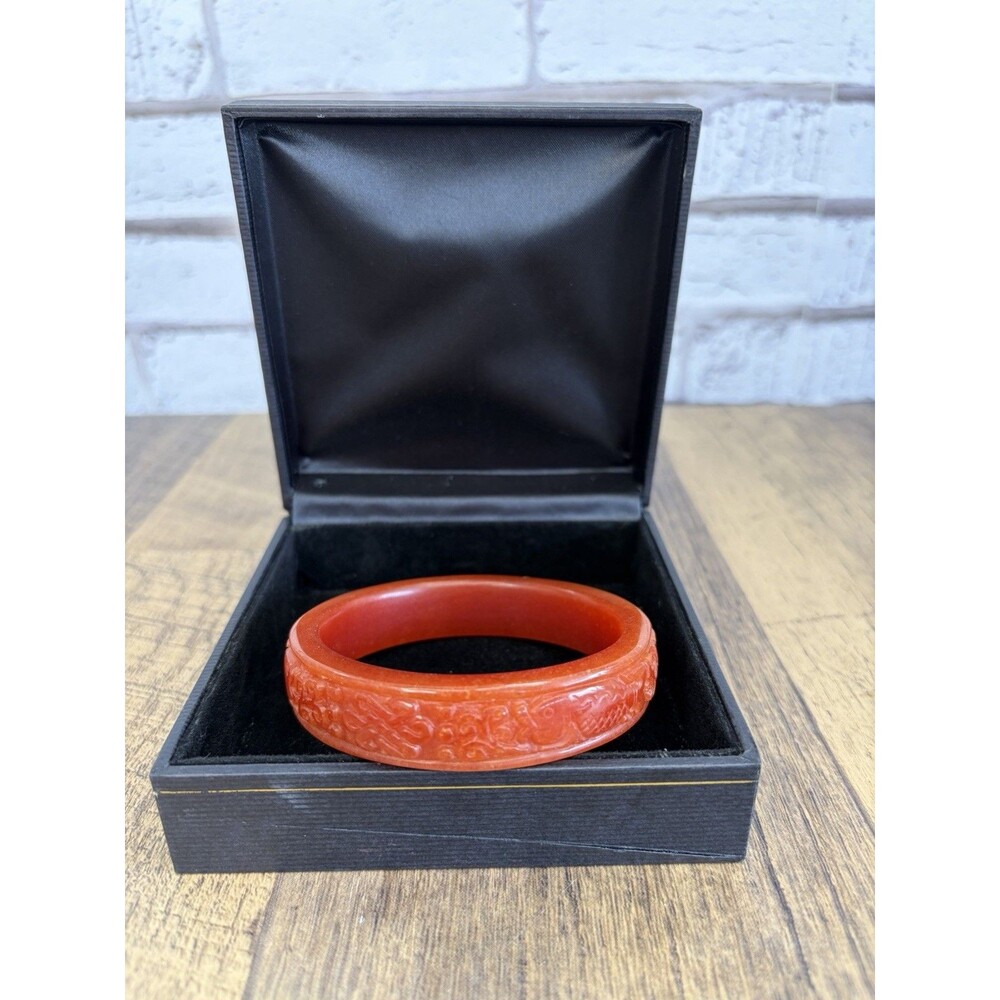 Vintage CARVED RED JADE Bangle Bracelet 64-65 mm Dyed Kunlun Fishes